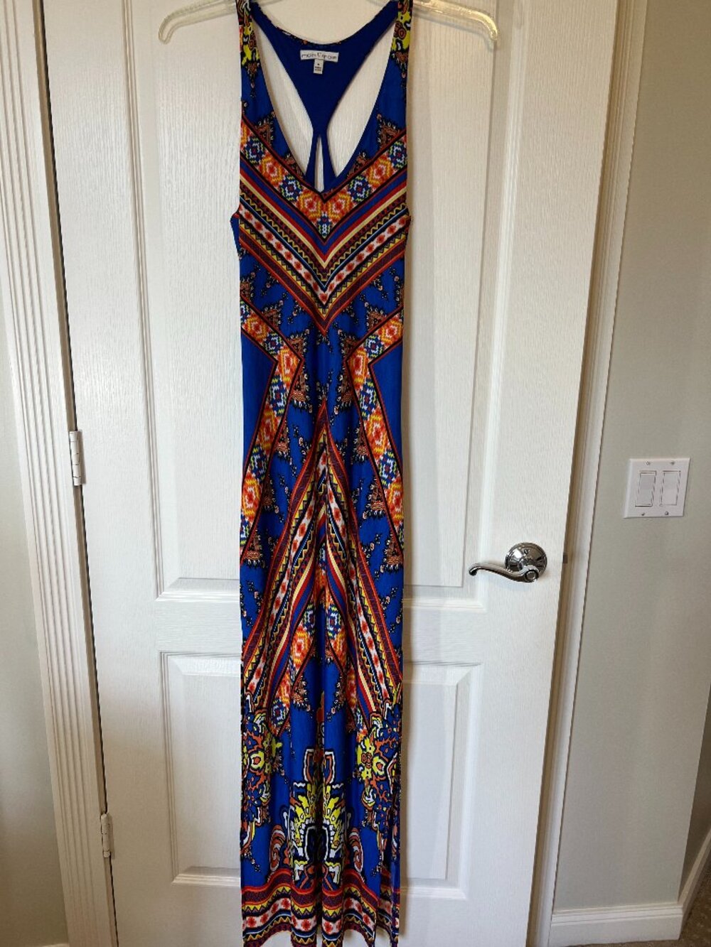 Moa Moa Boho Blue Aztec Print Racerback Maxi Dress Blue Orange Size Medium